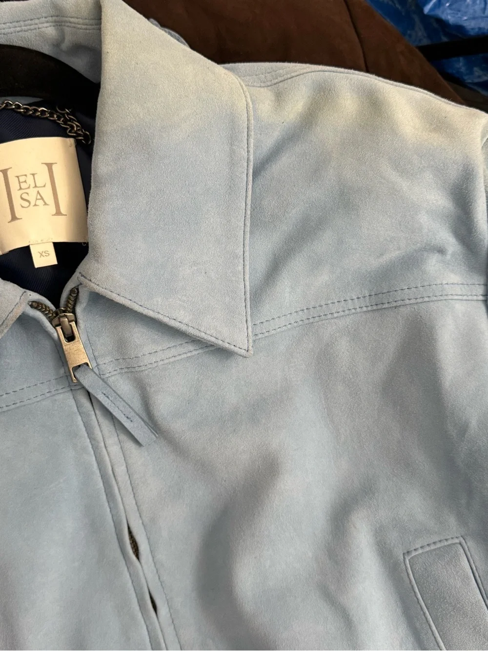 Helsa The Suede Zip Bomber Jacket Faded Denim Blue Leather XS Revolve